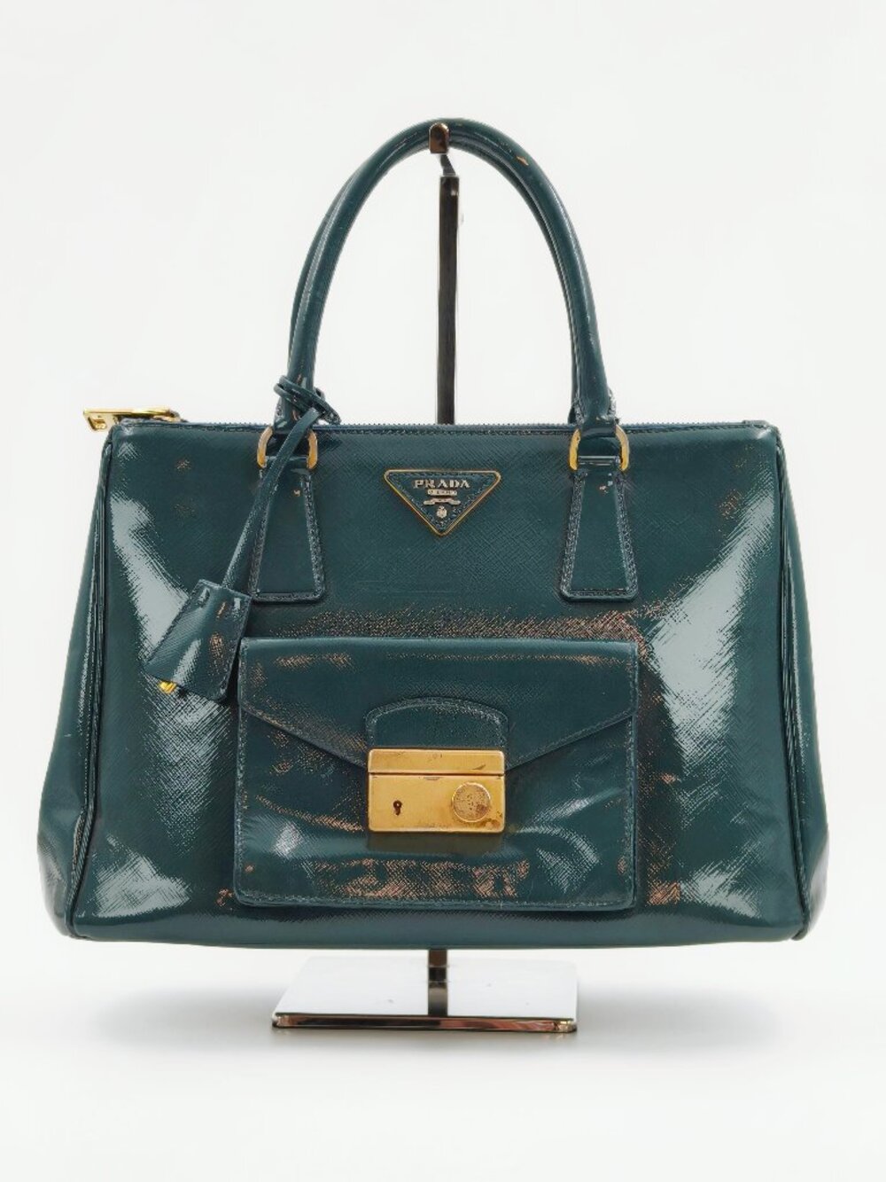 PRADA Vintage Green Saffiano Patent Leather Top Handle Handbag Gold Hardware